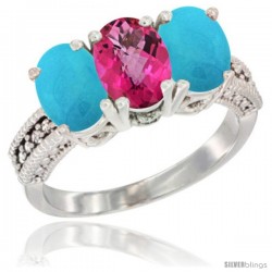 10K White Gold Natural Pink Topaz & Turquoise Ring 3-Stone Oval 7x5 mm Diamond Accent