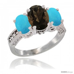 10K White Gold Ladies Natural Smoky Topaz Oval 3 Stone Ring with Turquoise Sides Diamond Accent