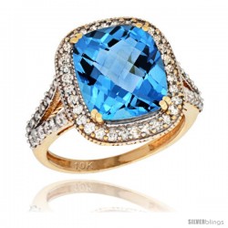 10k Yellow Gold Diamond Halo Swiss Blue Topaz Ring Checkerboard Cushion 12x10 4.8 ct 3/4 in wide