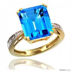 10k Yellow Gold Diamond Swiss Blue Topaz Ring 5.83 ct Emerald Shape 12x10 Stone 1/2 in wide -Style Cy904149