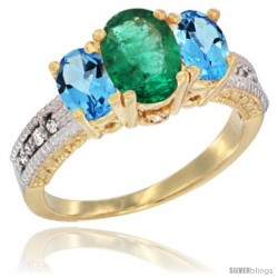 10K Yellow Gold Ladies Oval Natural Emerald 3-Stone Ring with Swiss Blue Topaz Sides Diamond Accent