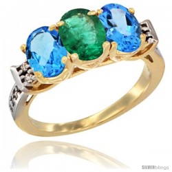 10K Yellow Gold Natural Emerald & Swiss Blue Topaz Sides Ring 3-Stone Oval 7x5 mm Diamond Accent