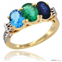 10K Yellow Gold Natural Swiss Blue Topaz, Emerald & Blue Sapphire Ring 3-Stone Oval 7x5 mm Diamond Accent