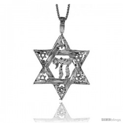 Sterling Silver Star of David with Chai Pendant, 1 1/4 in