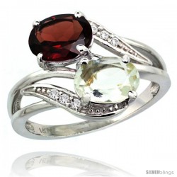 14k White Gold ( 8x6 mm ) Double Stone Engagement Green Amethyst & Garnet Ring w/ 0.07 Carat Brilliant Cut Diamonds & 2.34