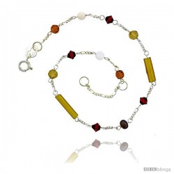 Sterling Silver Anklet Natural Citrine Beads Brown Pearls Orange Bicone Crystals, adjustable 9 - 10 in