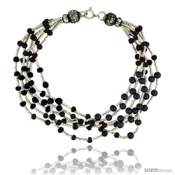 8 in. Sterling Silver 6-Strand Bali Style Bead Bracelet w/ Garnet, Black Onyx & Hematite Beads