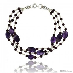 7 1/2 in. Sterling Silver 3-Strand Bead Bracelet w/ Garnet Beads & Amethyst Stones