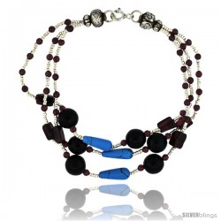 7 in. Sterling Silver 3-Strand Bead Bracelet w/ Garnet, Turquoise, Black Onyx & Amethyst Stones