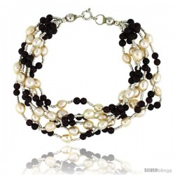 7 1/2 in. Sterling Silver 6-Strand Bead Bracelet w/ Freshwater Pearls & Garnet Beads