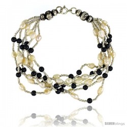 7 1/2 in. Sterling Silver 6-Strand Bead Bracelet w/ Freshwater Pearls & Hematite Beads