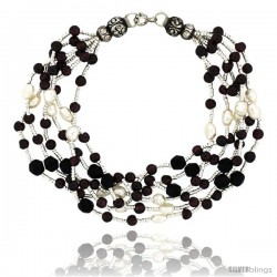 7 1/2 in. Sterling Silver 6-Strand Bead Bracelet w/ Freshwater Pearls, Black Onyx Stones & Garnet Beads