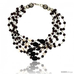 8 1/2 in. Sterling Silver 6-Strand Bead Bracelet w/ Freshwater Pearls, Black Onyx Stones & Garnet Beads