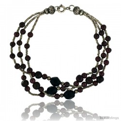 7 1/2 in. Sterling Silver 3-Strand Bead Bracelet w/ Garnet Beads & Black Onyx Stones