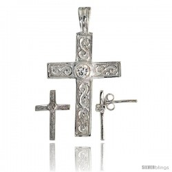 Sterling Silver Swirl-designed Latin Cross Earrings (16mm tall) & Pendant (28mm tall) Set, w/ Bezel Set Brilliant Cut CZ Stones