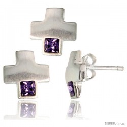 Sterling Silver Matte-finish Greek Cross Earrings (10mm tall) & Pendant Slide (10mm tall) Set, w/ Princess Cut Amethyst-colored