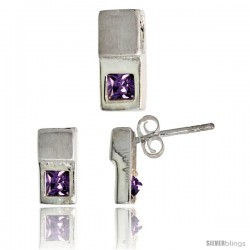 Sterling Silver Matte-finish Fancy Earrings (10mm tall) & Pendant Slide (12mm tall) Set, w/ Princess Cut Amethyst-colored CZ