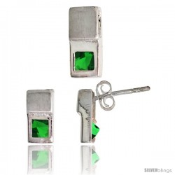 Sterling Silver Matte-finish Fancy Earrings (10mm tall) & Pendant Slide (12mm tall) Set, w/ Princess Cut Emerald-colored CZ