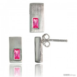 Sterling Silver Matte-finish Rectangular Earrings (11mm tall) & Pendant Slide (11mm tall) Set, w/ Emerald Cut Pink