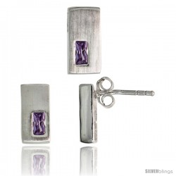 Sterling Silver Matte-finish Rectangular Earrings (11mm tall) & Pendant Slide (11mm tall) Set, w/ Emerald Cut Amethyst-colored