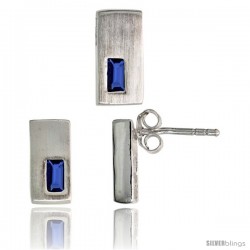 Sterling Silver Matte-finish Rectangular Earrings (11mm tall) & Pendant Slide (11mm tall) Set, w/ Emerald Cut Blue