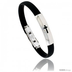 Stainless Steel & Rubber Cut Out Cross Bangle Bracelet 3/8 in wide