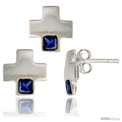 Sterling Silver Matte-finish Greek Cross Earrings (10mm tall) & Pendant Slide (10mm tall) Set, w/ Princess Cut Blue