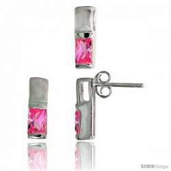 Sterling Silver Matte-finish Rectangular Earrings (13mm tall) & Pendant Slide (13mm tall) Set, w/ Emerald Cut Pink