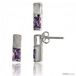 Sterling Silver Matte-finish Rectangular Earrings (13mm tall) & Pendant Slide (13mm tall) Set, w/ Emerald Cut Amethyst-colored