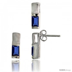 Sterling Silver Matte-finish Rectangular Earrings (13mm tall) & Pendant Slide (13mm tall) Set, w/ Emerald Cut Blue