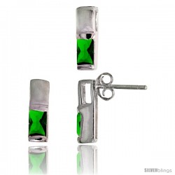 Sterling Silver Matte-finish Rectangular Earrings (13mm tall) & Pendant Slide (13mm tall) Set, w/ Emerald Cut Emerald-colored