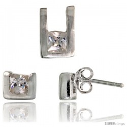 Sterling Silver Matte-finish U-shaped Stud Earrings (6mm tall) & Pendant (10mm tall) Set, w/ Princess Cut CZ Stones