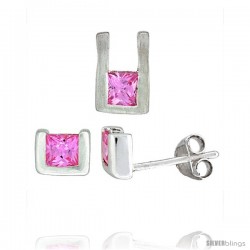 Sterling Silver Matte-finish U-shaped Stud Earrings (6mm tall) & Pendant (10mm tall) Set, w/ Princess Cut Pink