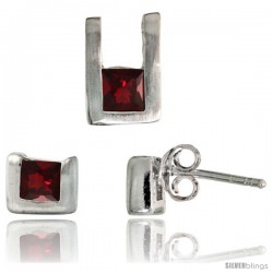 Sterling Silver Matte-finish U-shaped Stud Earrings (6mm tall) & Pendant (10mm tall) Set, w/ Princess Cut Ruby-colored CZ Stones