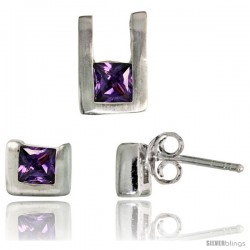 Sterling Silver Matte-finish U-shaped Stud Earrings (6mm tall) & Pendant (10mm tall) Set, w/ Princess Cut Amethyst-colored CZ