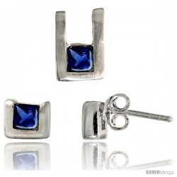 Sterling Silver Matte-finish U-shaped Stud Earrings (6mm tall) & Pendant (10mm tall) Set, w/ Princess Cut Blue Sapphire-colored