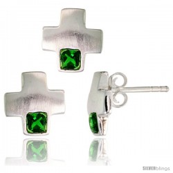 Sterling Silver Matte-finish Greek Cross Earrings (10mm tall) & Pendant Slide (10mm tall) Set, w/ Princess Cut Emerald-colored