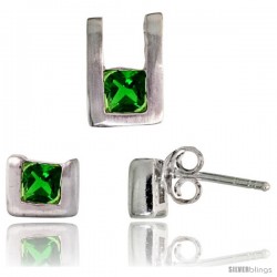 Sterling Silver Matte-finish U-shaped Stud Earrings (6mm tall) & Pendant (10mm tall) Set, w/ Princess Cut Emerald-colored CZ