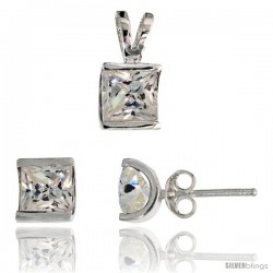 Sterling Silver Square-shaped Stud Earrings (7 mm) & Pendant (12mm tall) Set, w/ Princess Cut CZ Stones