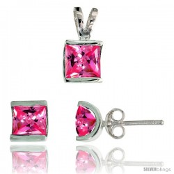 Sterling Silver Square-shaped Stud Earrings (7 mm) & Pendant (12mm tall) Set, w/ Princess Cut Pink Tourmaline-colored CZ Stones