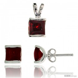 Sterling Silver Square-shaped Stud Earrings (7 mm) & Pendant (12mm tall) Set, w/ Princess Cut Ruby-colored CZ Stones