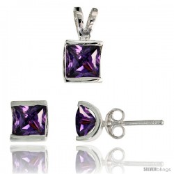 Sterling Silver Square-shaped Stud Earrings (7 mm) & Pendant (12mm tall) Set, w/ Princess Cut Amethyst-colored CZ Stones