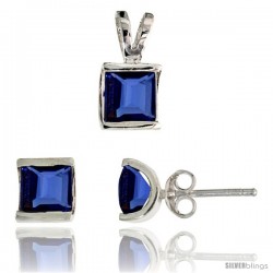 Sterling Silver Square-shaped Stud Earrings (7 mm) & Pendant (12mm tall) Set, w/ Princess Cut Blue Sapphire-colored CZ Stones