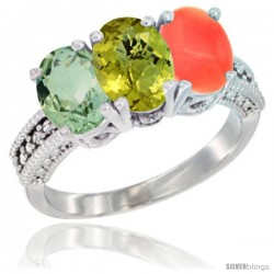 14K White Gold Natural Green Amethyst, Lemon Quartz & Coral Ring 3-Stone 7x5 mm Oval Diamond Accent