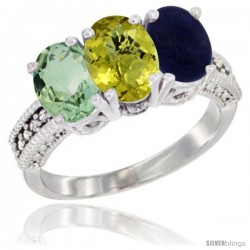 14K White Gold Natural Green Amethyst, Lemon Quartz & Lapis Ring 3-Stone 7x5 mm Oval Diamond Accent