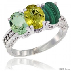 14K White Gold Natural Green Amethyst, Lemon Quartz & Malachite Ring 3-Stone 7x5 mm Oval Diamond Accent