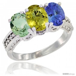 14K White Gold Natural Green Amethyst, Lemon Quartz & Tanzanite Ring 3-Stone 7x5 mm Oval Diamond Accent