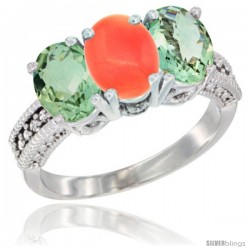 14K White Gold Natural Coral & Green Amethyst Sides Ring 3-Stone 7x5 mm Oval Diamond Accent