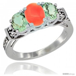 14K White Gold Natural Coral & Green Amethyst Ring 3-Stone Oval with Diamond Accent