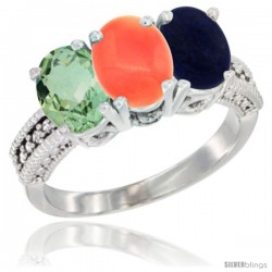 14K White Gold Natural Green Amethyst, Coral & Lapis Ring 3-Stone 7x5 mm Oval Diamond Accent